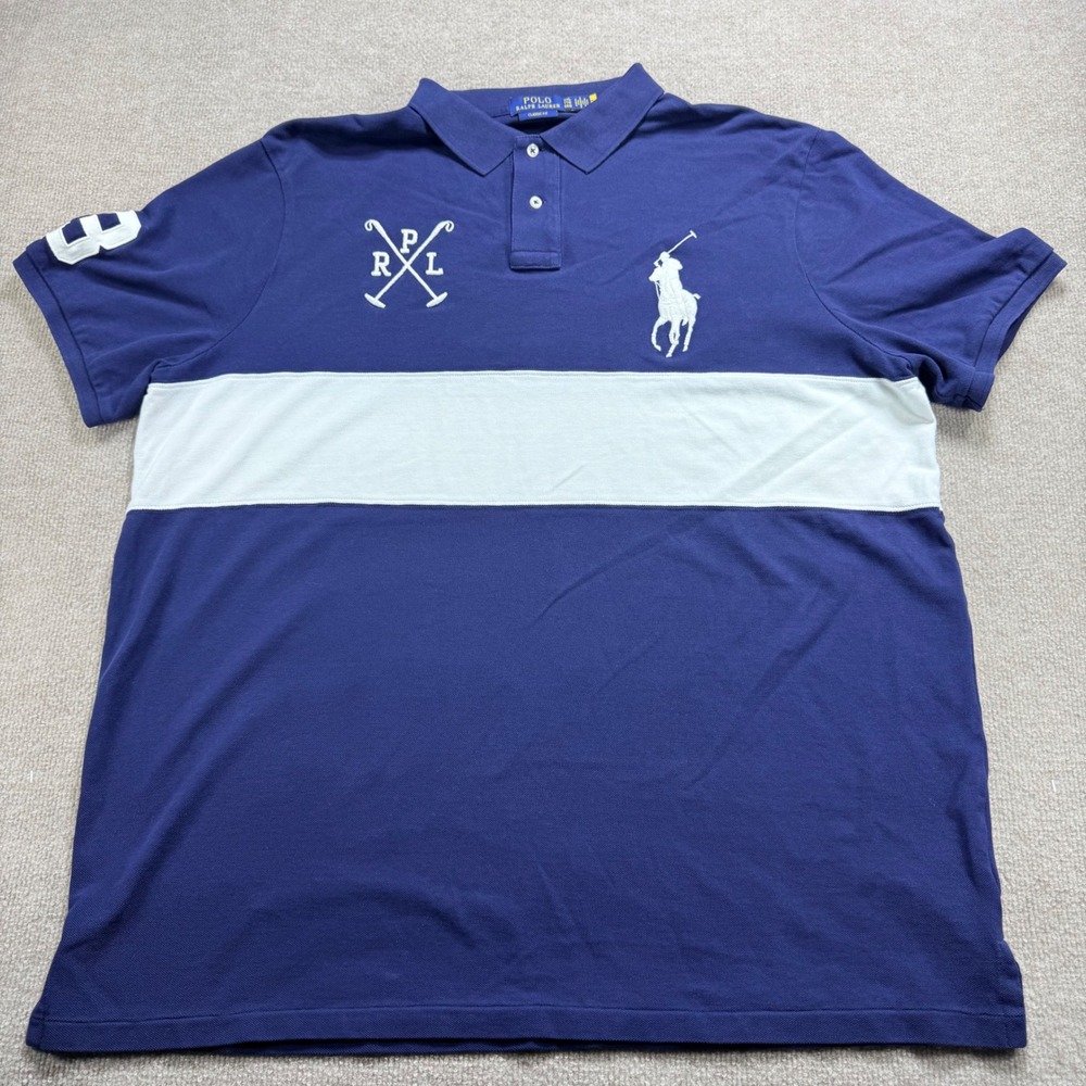 Polo Ralph Lauren XXL Navy White Dual Crossed Mallets Big Pony Mesh Knit Shirt 3